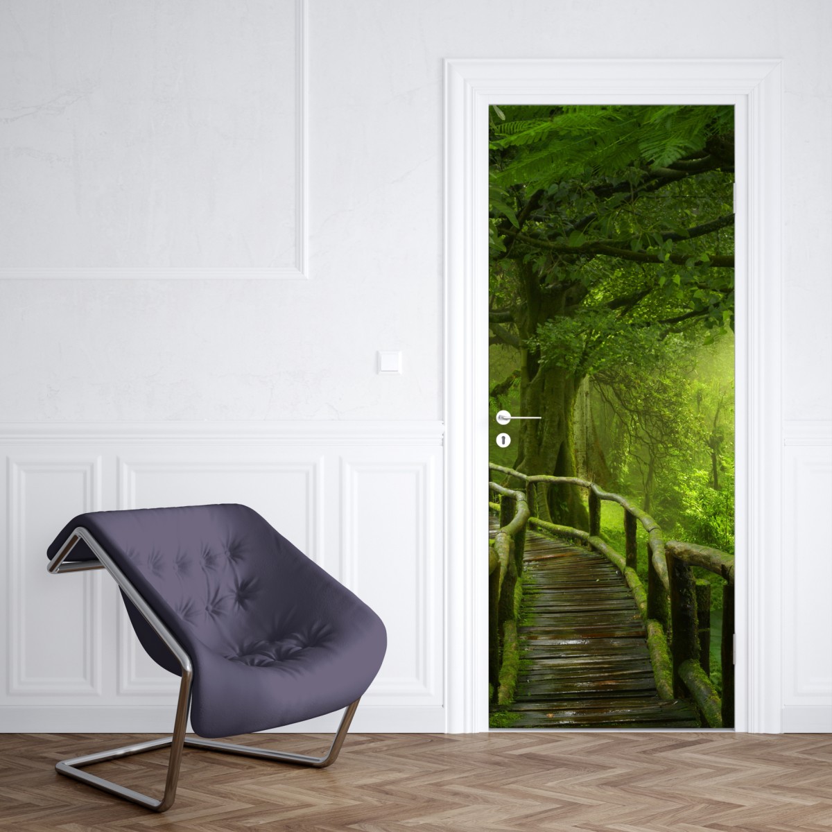 Naklejka na drzwi mglista kładka w tropikalnej dżungli – Wallissimo® Naklejka na drzwi mglista kładka w tropikalnej dżungli – Wallissimo®