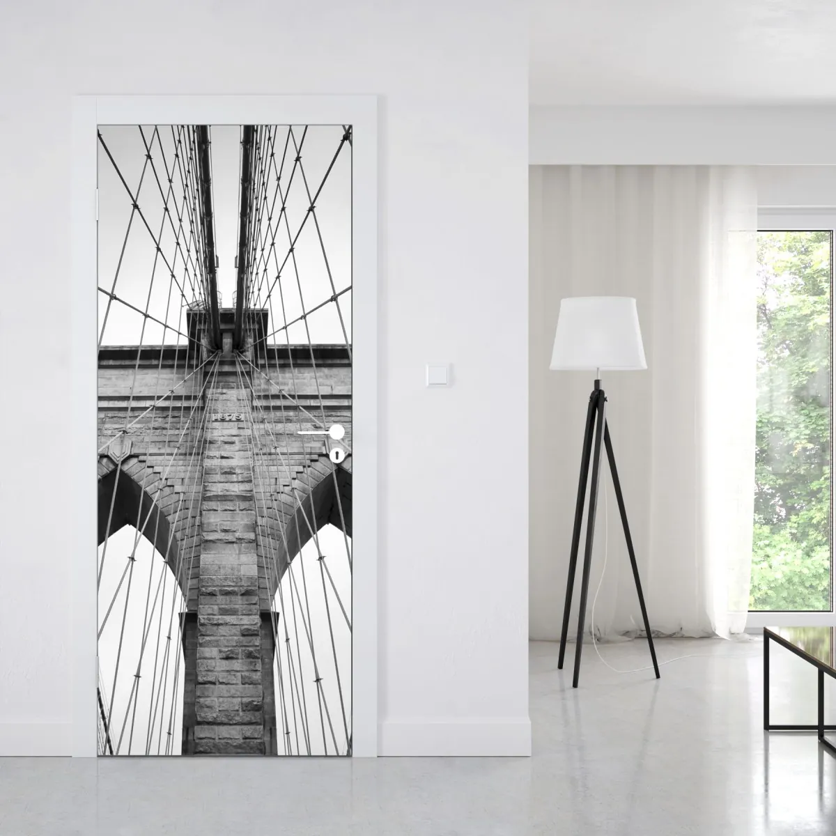 Naklejka na drzwi monochromatyczny most wiszący w perspektywie – Wallissimo® Naklejka na drzwi monochromatyczny most wiszący w perspektywie – Wallissimo®