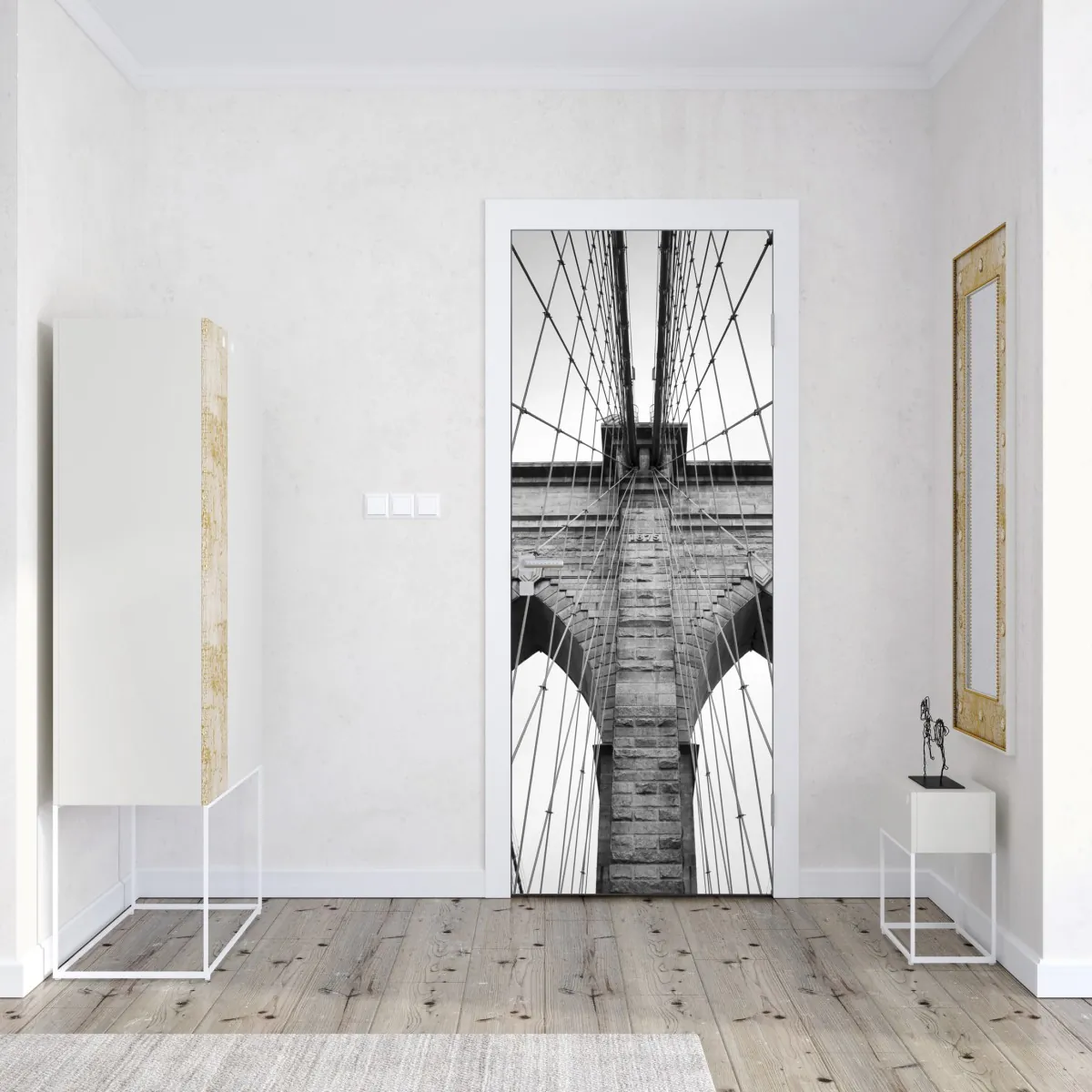 Naklejka na drzwi monochromatyczny most wiszący w perspektywie – Wallissimo® Naklejka na drzwi monochromatyczny most wiszący w perspektywie – Wallissimo®