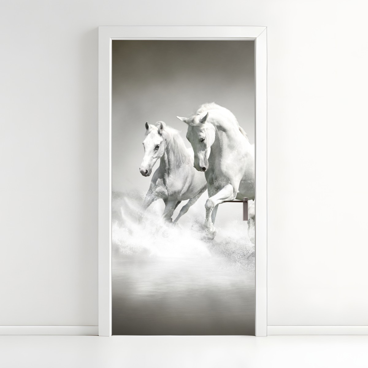 Door sticker three white horses running through water