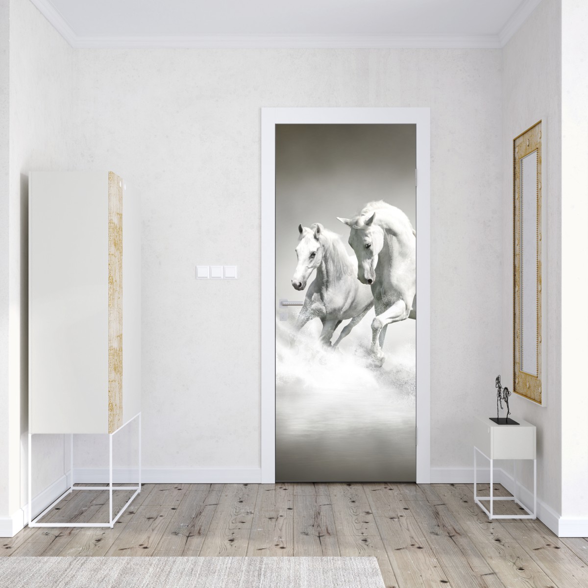 Naklejka na drzwi trzy białe konie galopujące przez wodę – Wallissimo® Naklejka na drzwi trzy białe konie galopujące przez wodę – Wallissimo®