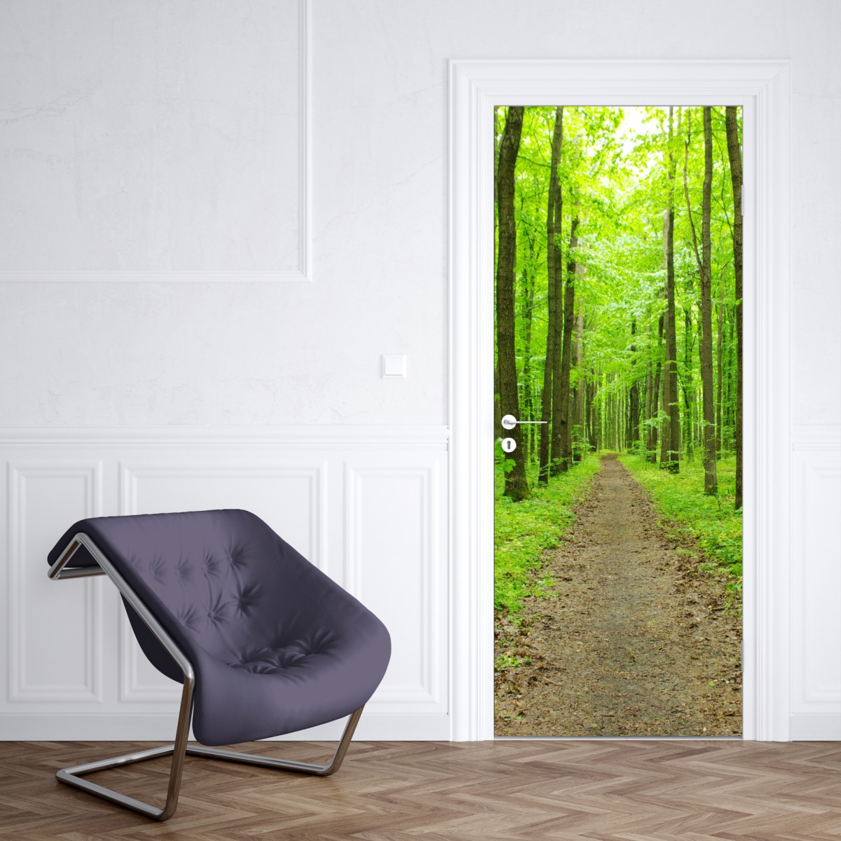 Naklejka na drzwi spokojna zielona ścieżka w lesie – Wallissimo® Naklejka na drzwi spokojna zielona ścieżka w lesie – Wallissimo®
