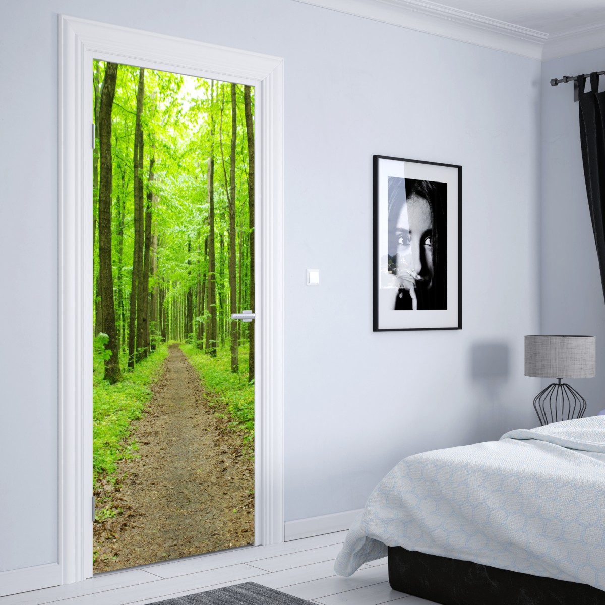 Naklejka na drzwi spokojna zielona ścieżka w lesie – Wallissimo® Naklejka na drzwi spokojna zielona ścieżka w lesie – Wallissimo®