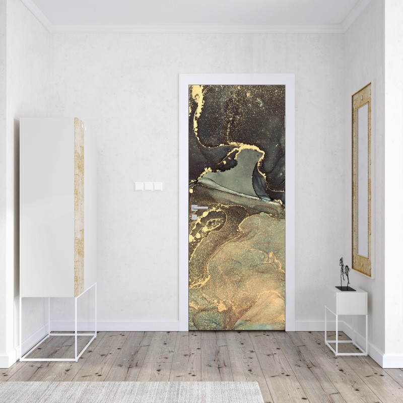 Naklejka na drzwi turkusowo-złota abstrakcja płynna – Wallissimo® Naklejka na drzwi turkusowo-złota abstrakcja płynna – Wallissimo®