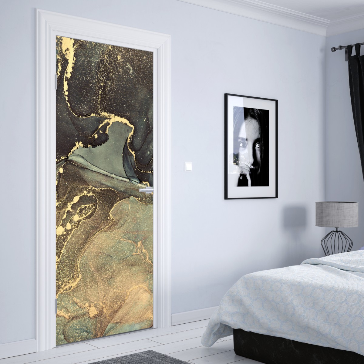 Naklejka na drzwi turkusowo-złota abstrakcja płynna – Wallissimo® Naklejka na drzwi turkusowo-złota abstrakcja płynna – Wallissimo®