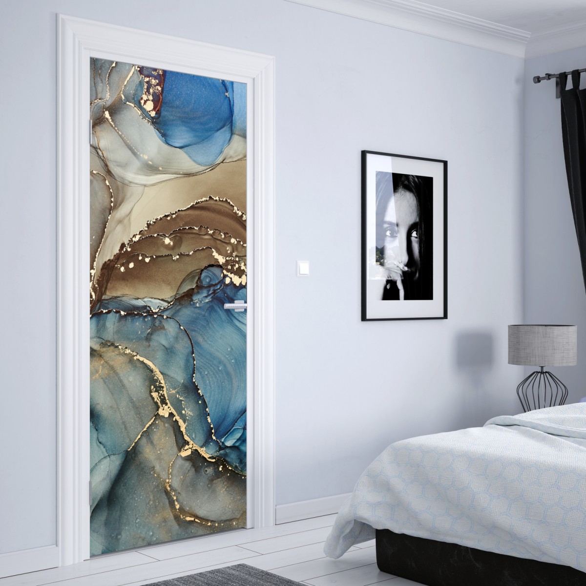 Naklejka na drzwi abstrakcja w odcieniach niebieskiego i złota – Wallissimo® Naklejka na drzwi abstrakcja w odcieniach niebieskiego i złota – Wallissimo®