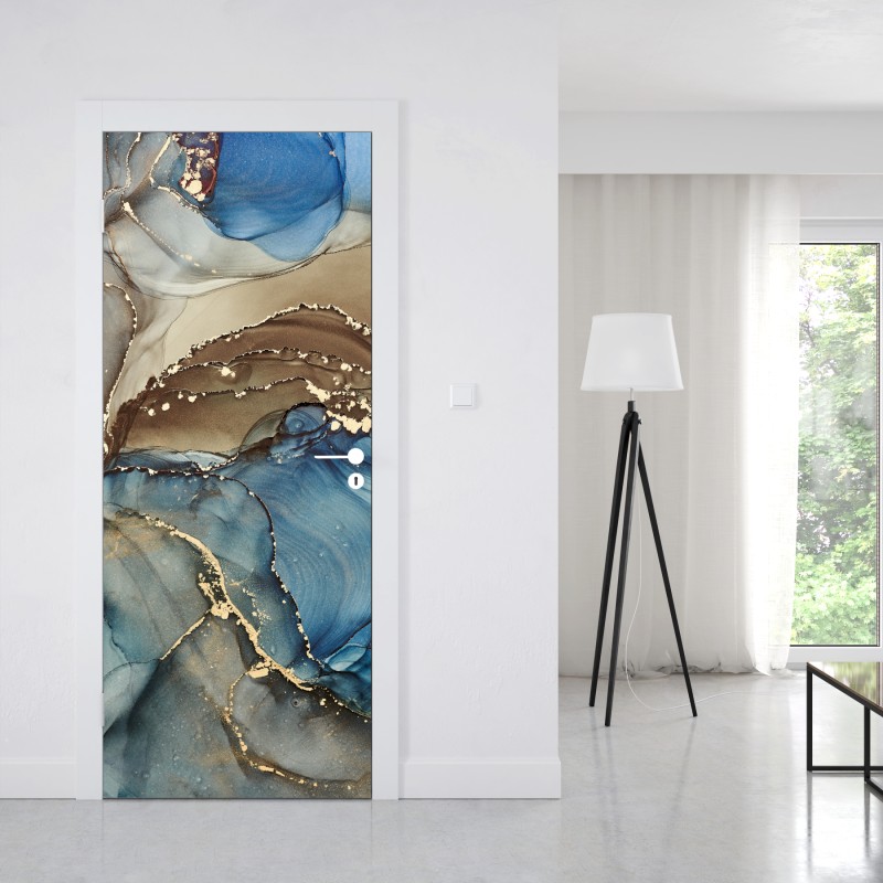 Naklejka na drzwi abstrakcja w odcieniach niebieskiego i złota – Wallissimo® Naklejka na drzwi abstrakcja w odcieniach niebieskiego i złota – Wallissimo®