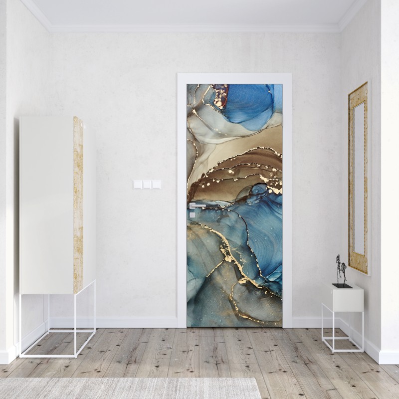 Naklejka na drzwi abstrakcja w odcieniach niebieskiego i złota – Wallissimo® Naklejka na drzwi abstrakcja w odcieniach niebieskiego i złota – Wallissimo®