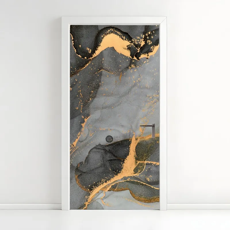 Naklejka na drzwi granatowy motyw z złotymi konturami kwiatów – Wallissimo®