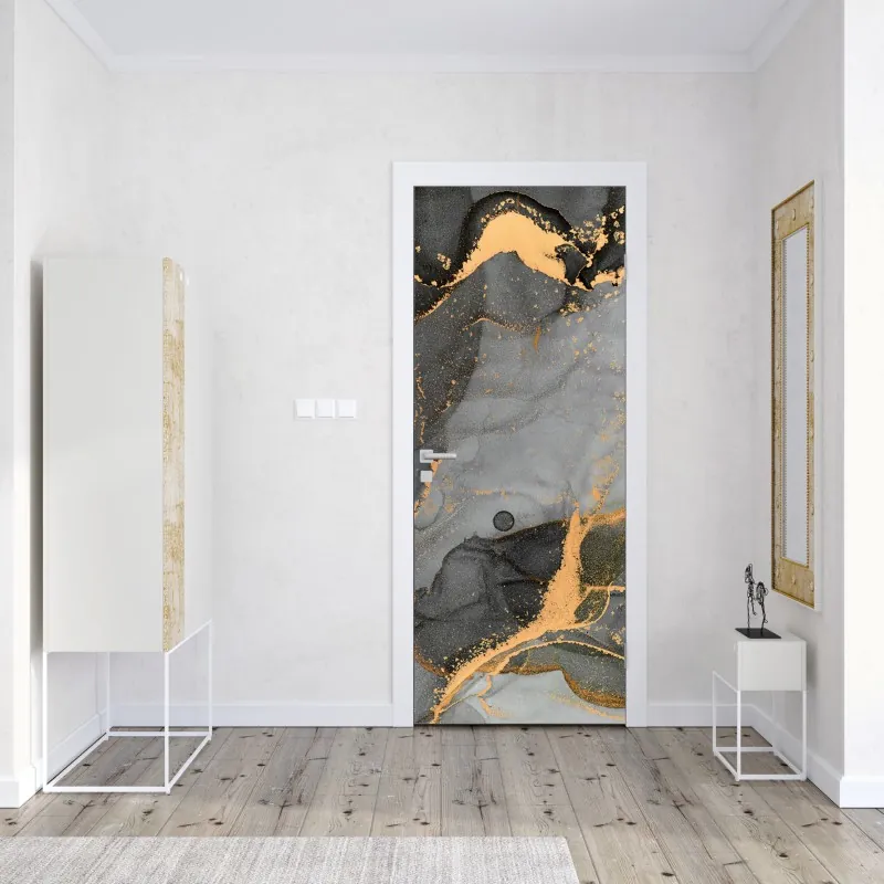 Naklejka na drzwi granatowy motyw z złotymi konturami kwiatów – Wallissimo®