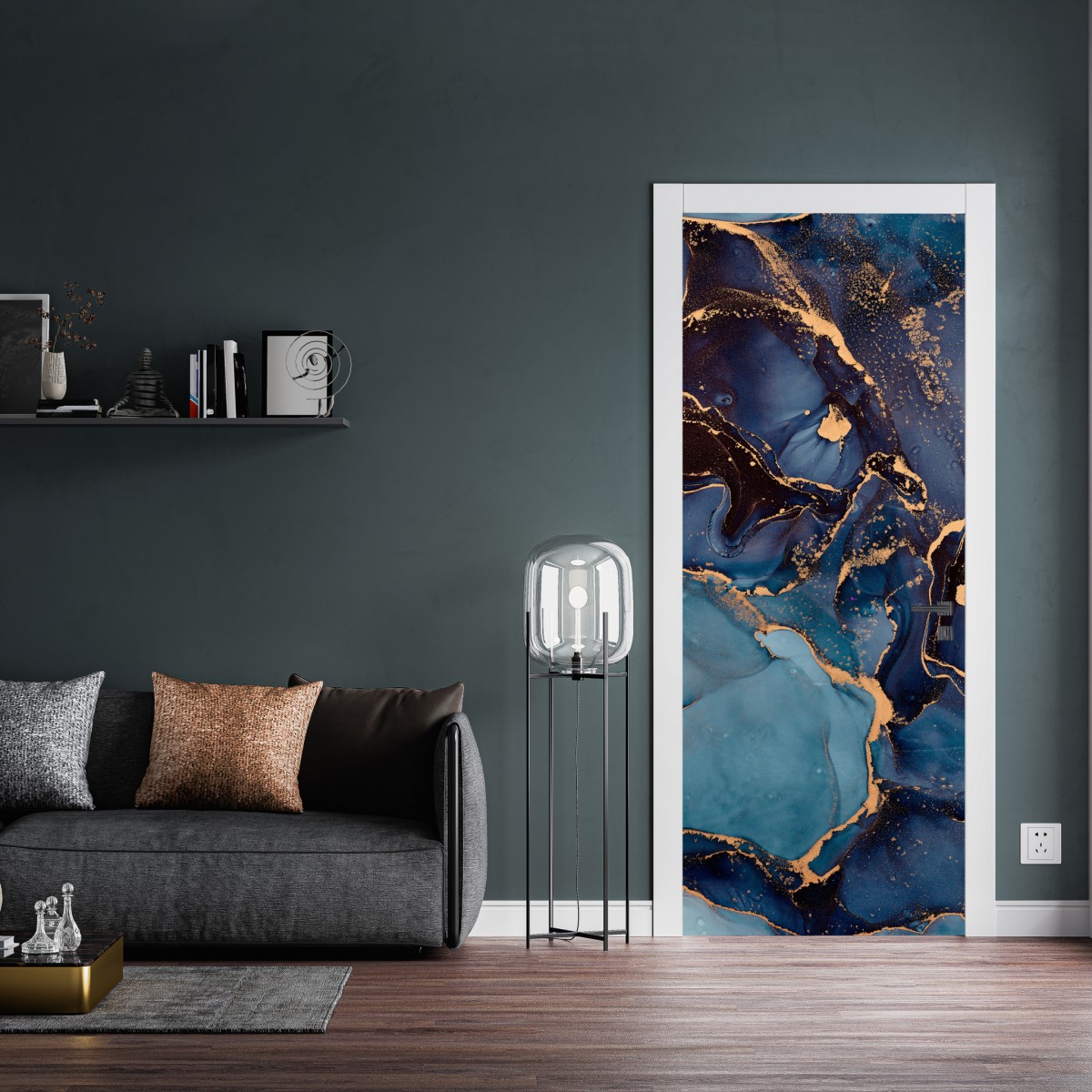 Naklejka na drzwi głębokie oceaniczne błękity ze złotymi żyłami – Wallissimo® Naklejka na drzwi głębokie oceaniczne błękity ze złotymi żyłami – Wallissimo®