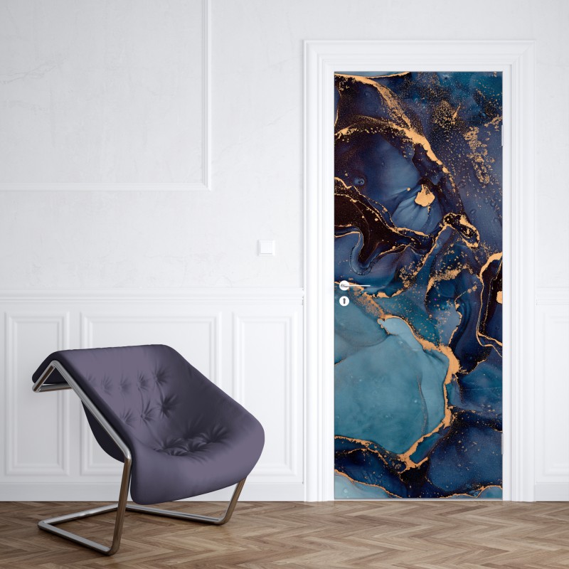 Naklejka na drzwi głębokie oceaniczne błękity ze złotymi żyłami – Wallissimo® Naklejka na drzwi głębokie oceaniczne błękity ze złotymi żyłami – Wallissimo®