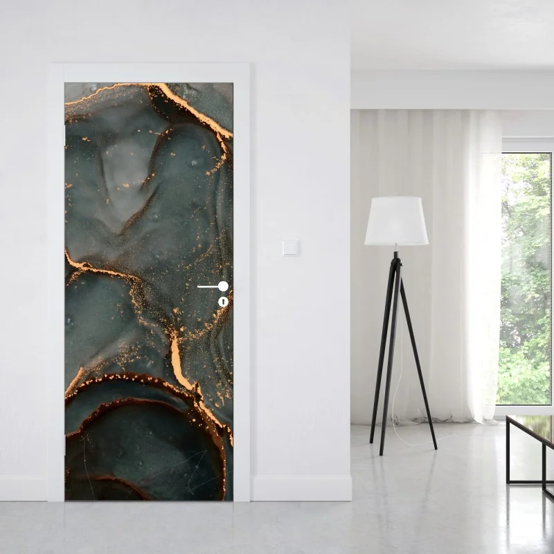 Naklejka na drzwi luksusowa abstrakcja turkus z złotymi żyłami – Wallissimo® Naklejka na drzwi luksusowa abstrakcja turkus z złotymi żyłami – Wallissimo®