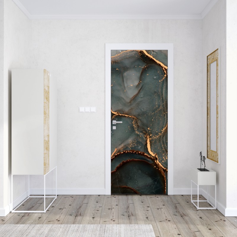 Naklejka na drzwi luksusowa abstrakcja turkus z złotymi żyłami – Wallissimo® Naklejka na drzwi luksusowa abstrakcja turkus z złotymi żyłami – Wallissimo®
