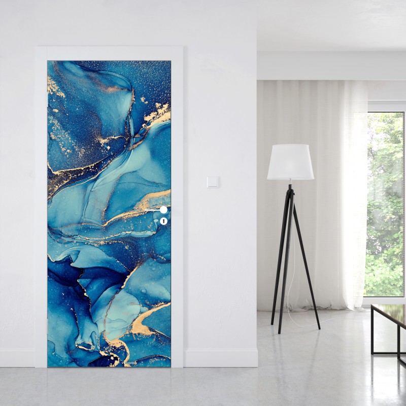 Naklejka na drzwi oceaniczny błękit i złote zawirowania – Wallissimo® Naklejka na drzwi oceaniczny błękit i złote zawirowania – Wallissimo®