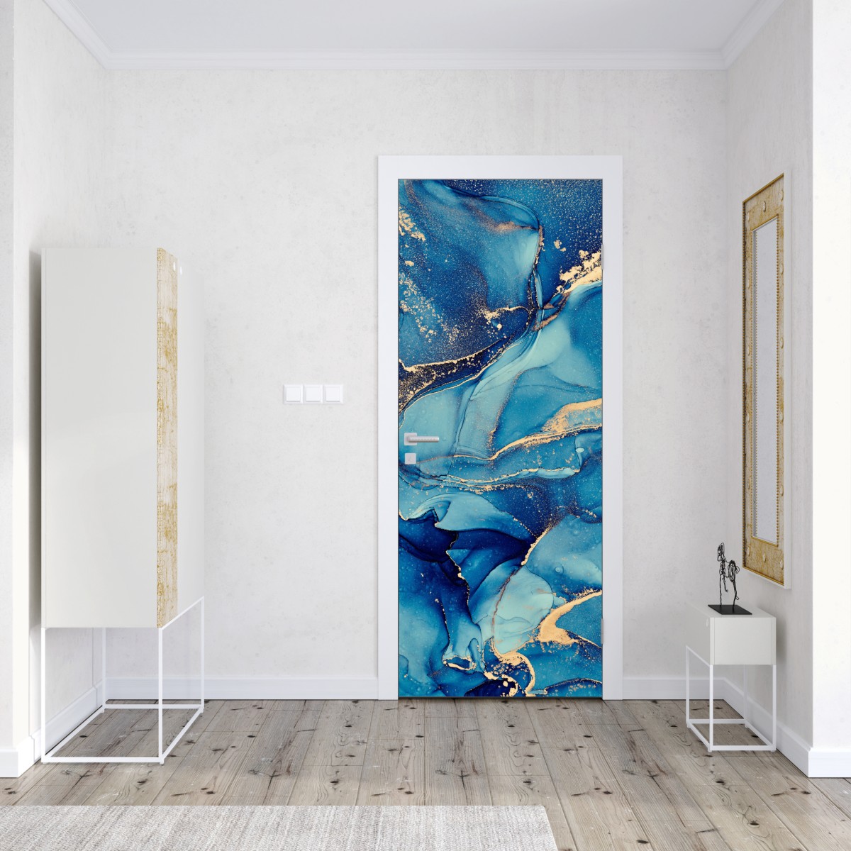 Naklejka na drzwi oceaniczny błękit i złote zawirowania – Wallissimo® Naklejka na drzwi oceaniczny błękit i złote zawirowania – Wallissimo®