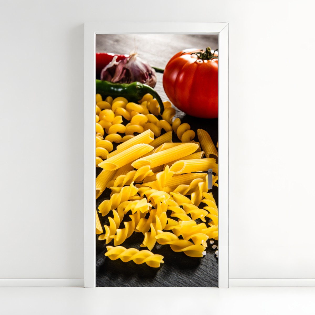 Door sticker assorted dry pasta and fresh ingredients