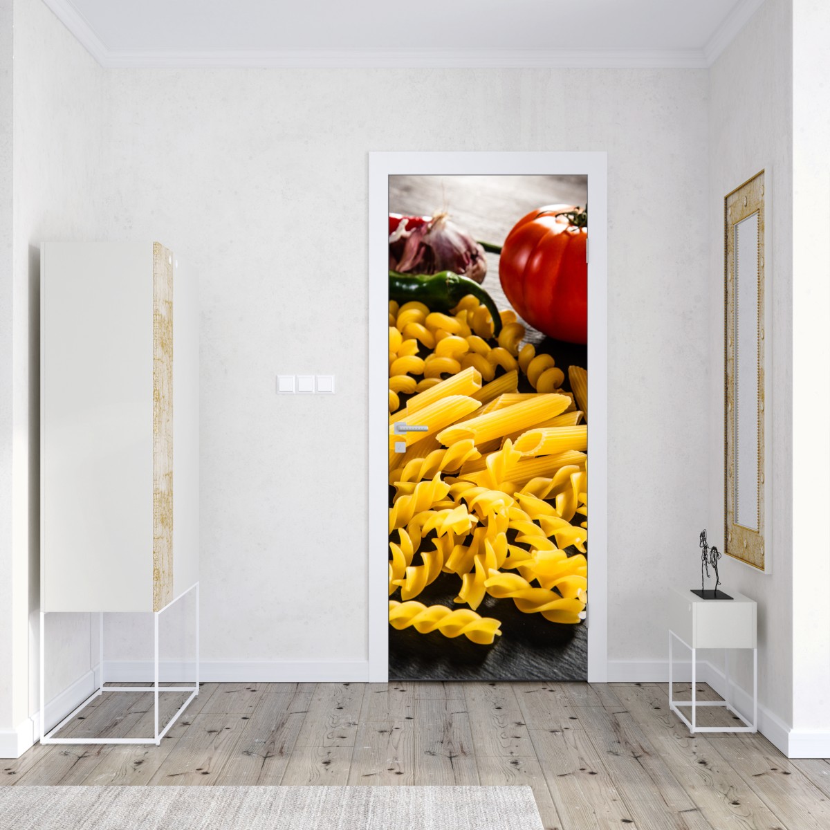 Naklejka na drzwi zbiór suchych makaronów i świeże składniki – Wallissimo® Naklejka na drzwi zbiór suchych makaronów i świeże składniki – Wallissimo®