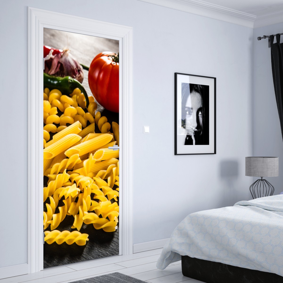 Naklejka na drzwi zbiór suchych makaronów i świeże składniki – Wallissimo® Naklejka na drzwi zbiór suchych makaronów i świeże składniki – Wallissimo®