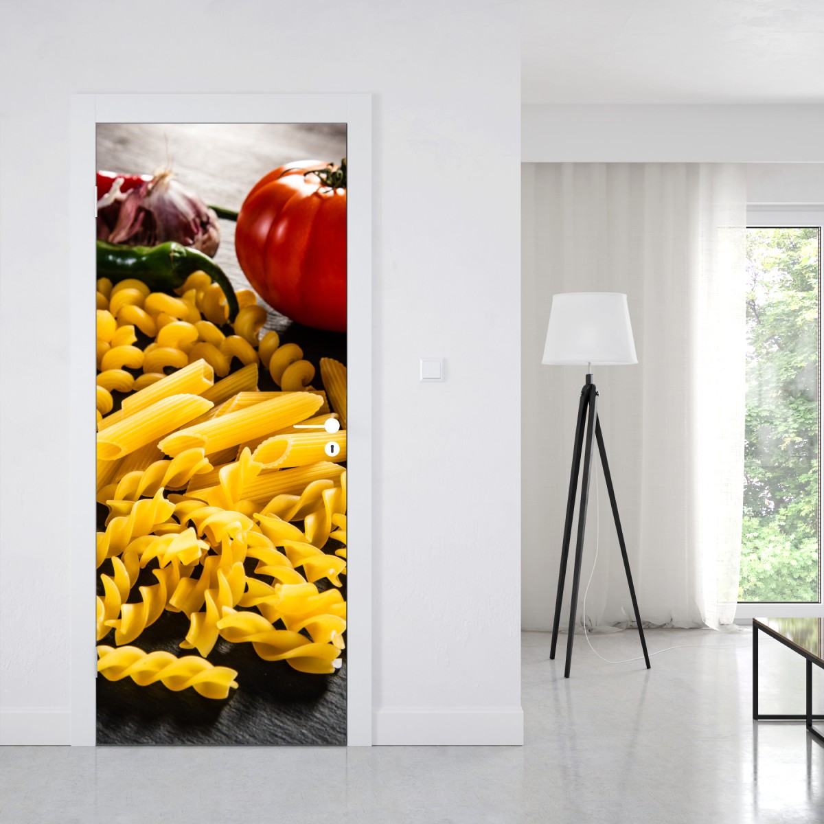 Naklejka na drzwi zbiór suchych makaronów i świeże składniki – Wallissimo® Naklejka na drzwi zbiór suchych makaronów i świeże składniki – Wallissimo®