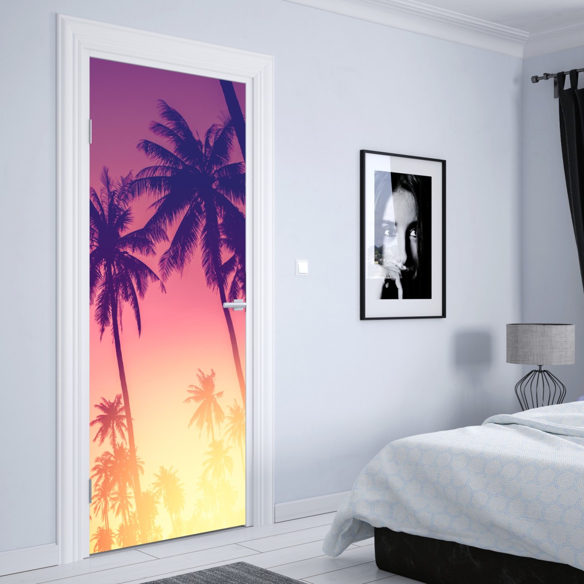 Naklejka na drzwi tropikalny zachód słońca z palmami – Wallissimo® Naklejka na drzwi tropikalny zachód słońca z palmami – Wallissimo®
