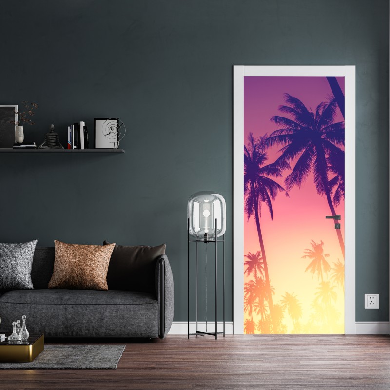 Naklejka na drzwi tropikalny zachód słońca z palmami – Wallissimo® Naklejka na drzwi tropikalny zachód słońca z palmami – Wallissimo®