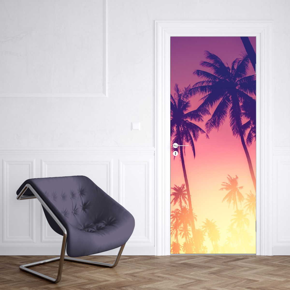 Naklejka na drzwi tropikalny zachód słońca z palmami – Wallissimo® Naklejka na drzwi tropikalny zachód słońca z palmami – Wallissimo®