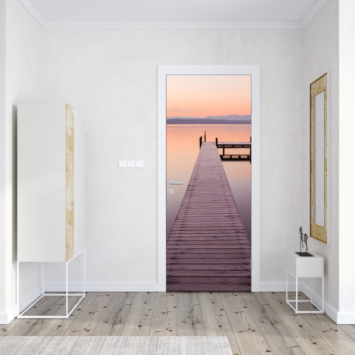 Naklejka na drzwi spokojne molo o wschodzie nad pastelowym jeziorem – Wallissimo® Naklejka na drzwi spokojne molo o wschodzie nad pastelowym jeziorem – Wallissimo®