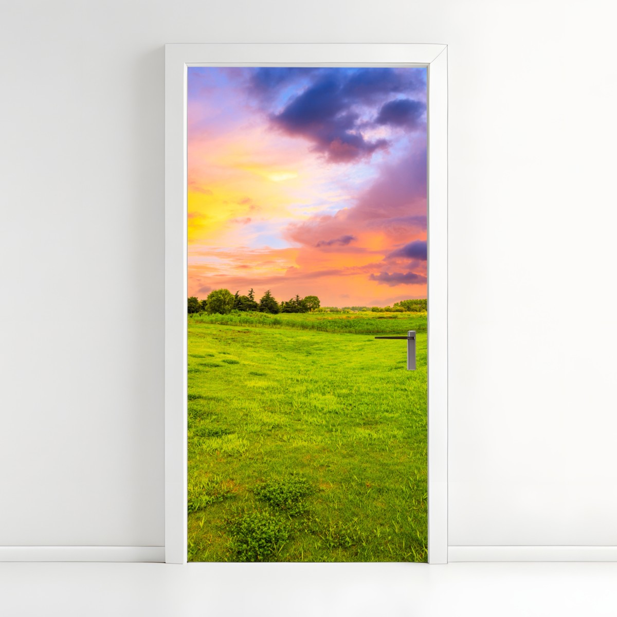 Door sticker sunset over green meadow