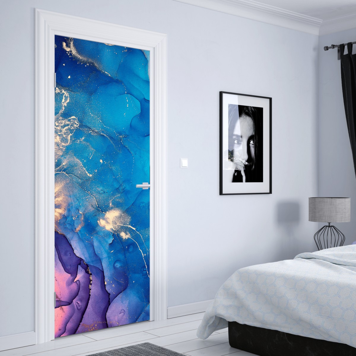 Naklejka na drzwi niebieska marmurowa abstrakcja z atramentu alkoholowego – Wallissimo® Naklejka na drzwi niebieska marmurowa abstrakcja z atramentu alkoholowego – Wallissimo®