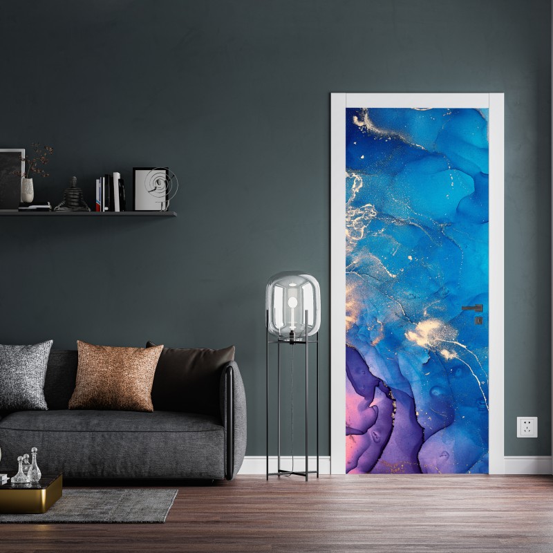 Naklejka na drzwi niebieska marmurowa abstrakcja z atramentu alkoholowego – Wallissimo® Naklejka na drzwi niebieska marmurowa abstrakcja z atramentu alkoholowego – Wallissimo®