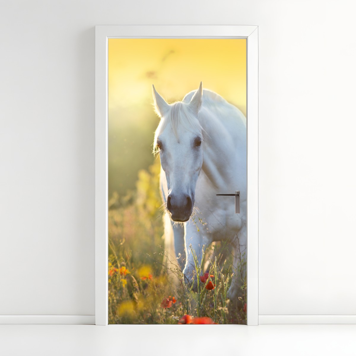 Door sticker white horse in poppy meadow at sunrise