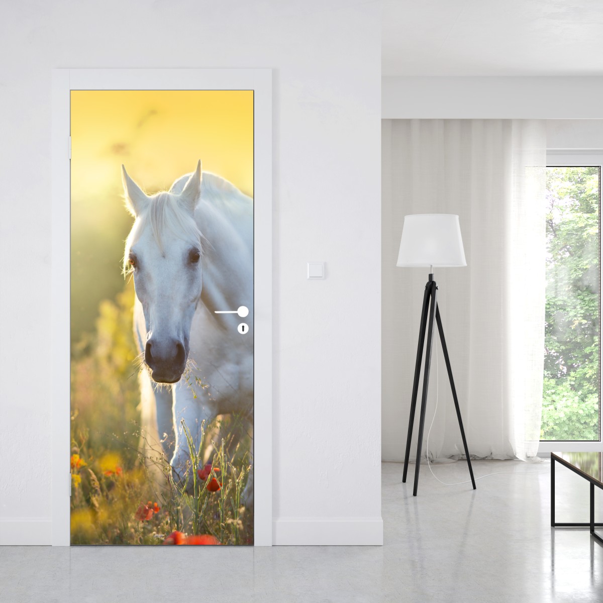Naklejka na drzwi biały koń na łące maków o wschodzie słońca – Wallissimo® Naklejka na drzwi biały koń na łące maków o wschodzie słońca – Wallissimo®