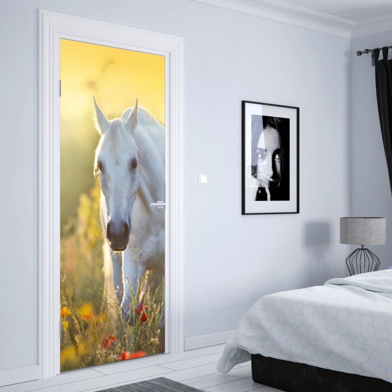 Naklejka na drzwi biały koń na łące maków o wschodzie słońca – Wallissimo® Naklejka na drzwi biały koń na łące maków o wschodzie słońca – Wallissimo®