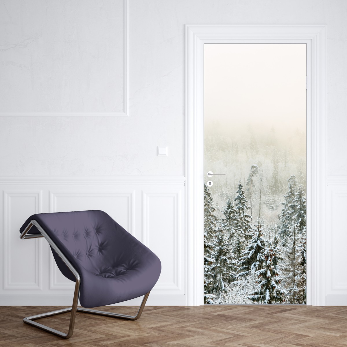 Naklejka na drzwi zimowy las w delikatnej mgle – Wallissimo® Naklejka na drzwi zimowy las w delikatnej mgle – Wallissimo®
