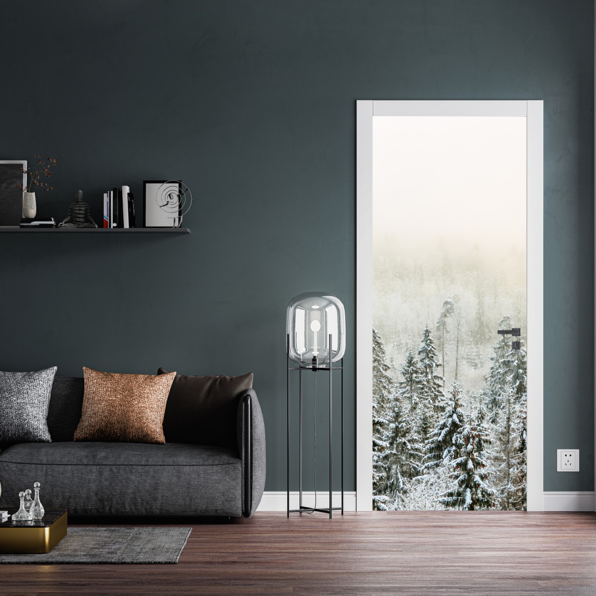 Naklejka na drzwi zimowy las w delikatnej mgle – Wallissimo® Naklejka na drzwi zimowy las w delikatnej mgle – Wallissimo®