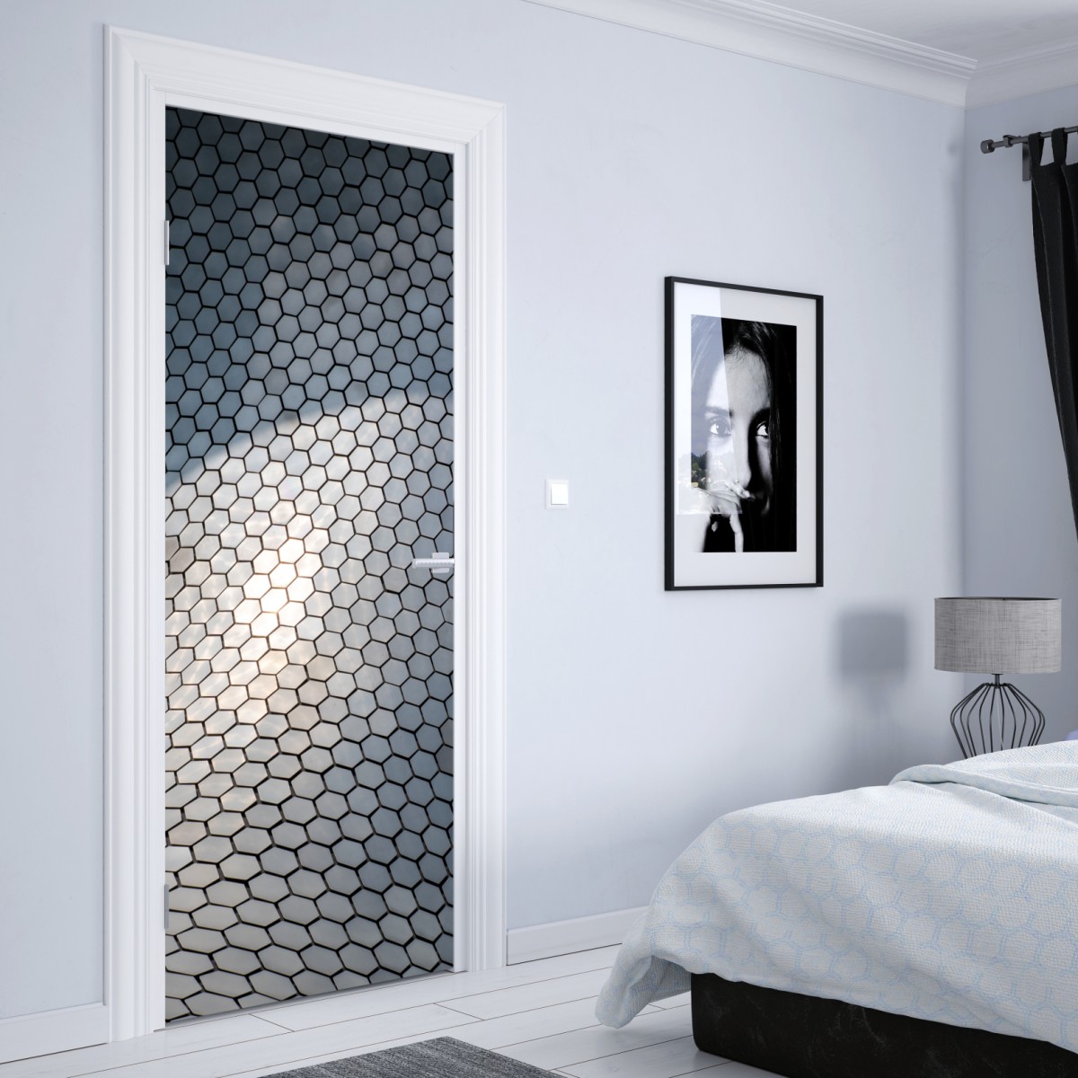 Naklejka na drzwi metaliczna heksagonalna elewacja geometryczna – Wallissimo® Naklejka na drzwi metaliczna heksagonalna elewacja geometryczna – Wallissimo®