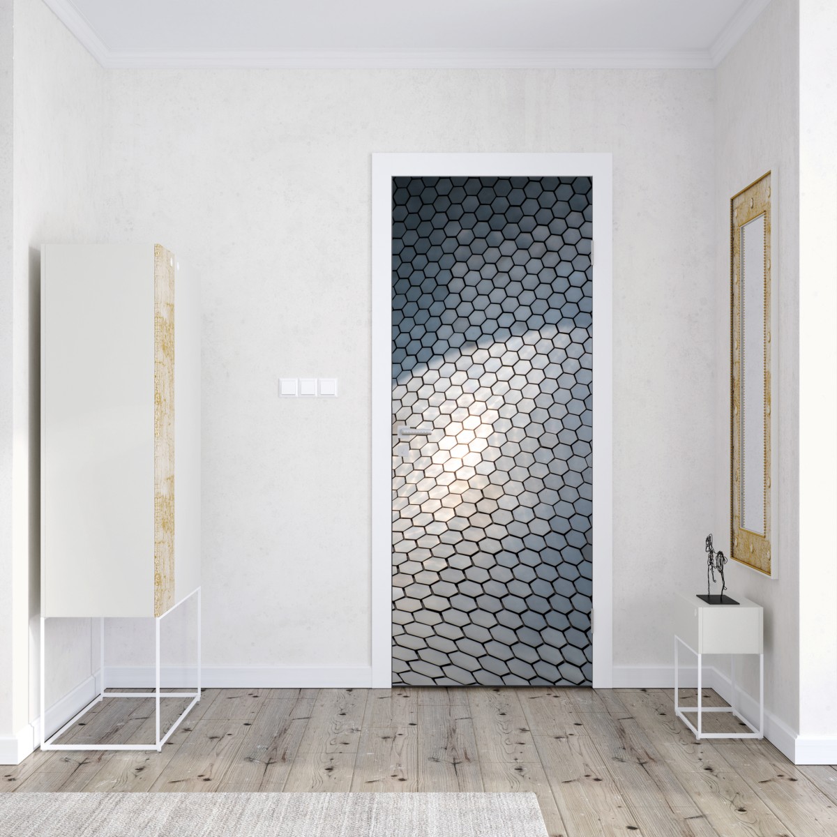 Naklejka na drzwi metaliczna heksagonalna elewacja geometryczna – Wallissimo® Naklejka na drzwi metaliczna heksagonalna elewacja geometryczna – Wallissimo®