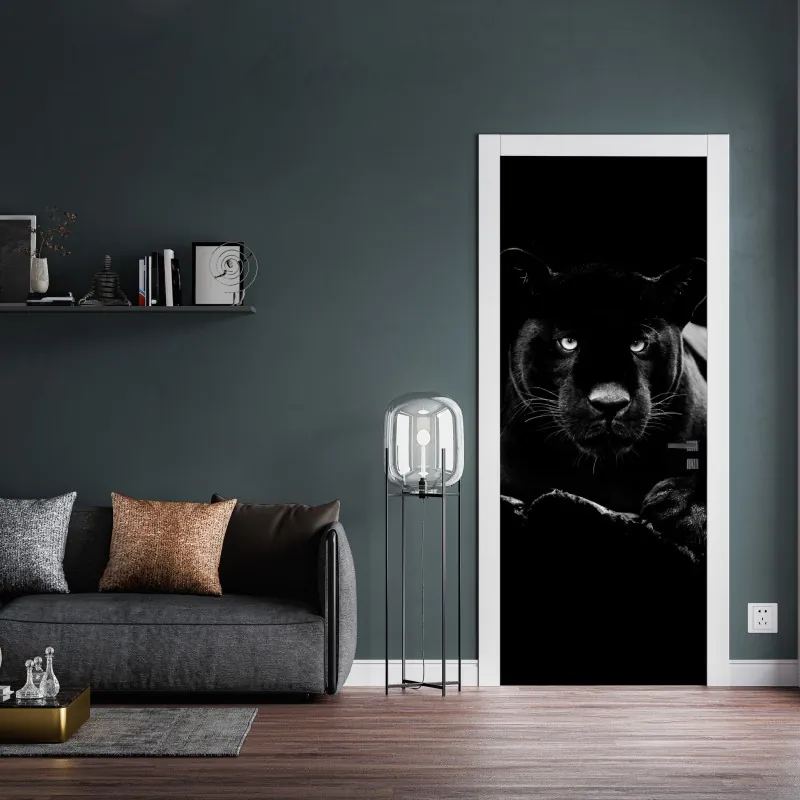 Naklejka na drzwi zimowy las brzozowy ze złotym świtem – Wallissimo®