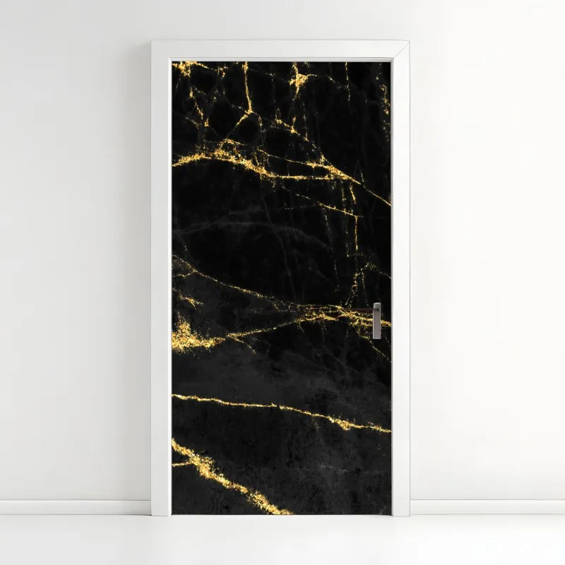 Naklejka na drzwi czarny marmur ze złotymi żyłami