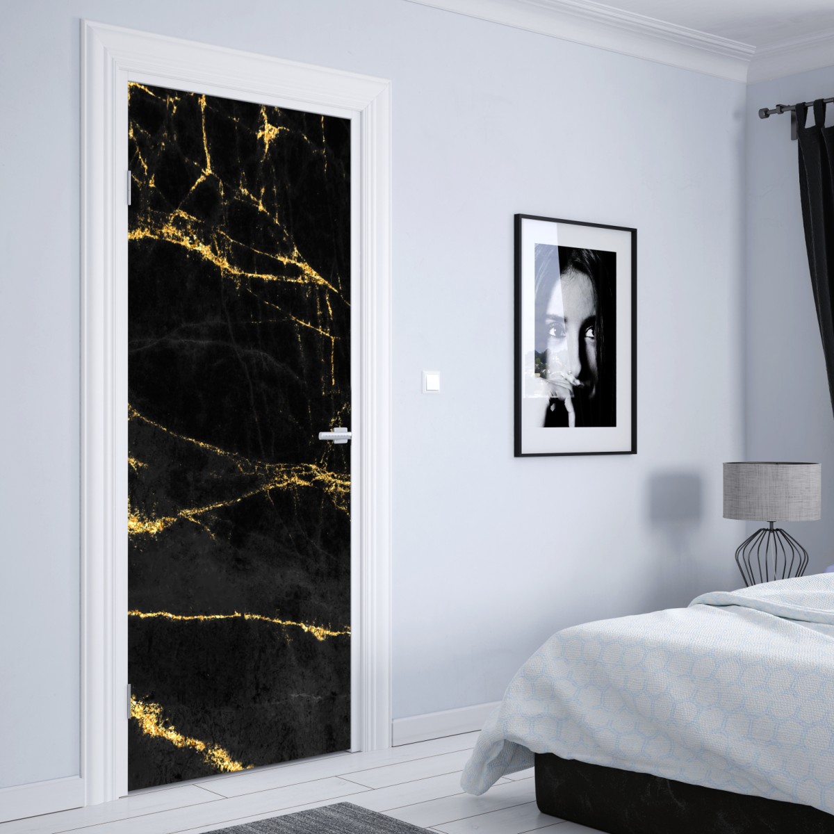 Naklejka na drzwi czarny marmur ze złotymi żyłami – Wallissimo® Naklejka na drzwi czarny marmur ze złotymi żyłami – Wallissimo®