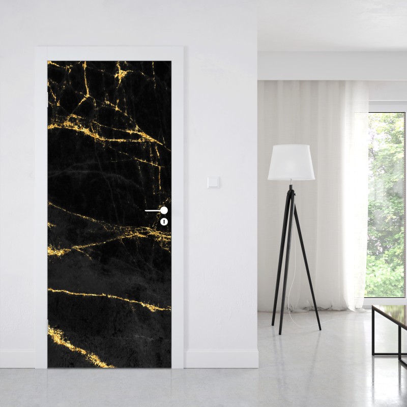 Naklejka na drzwi czarny marmur ze złotymi żyłami – Wallissimo® Naklejka na drzwi czarny marmur ze złotymi żyłami – Wallissimo®