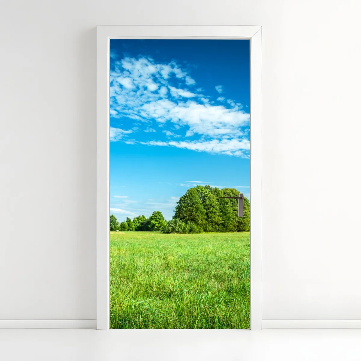 Naklejka na drzwi słoneczna zielona łąka pod niebieskim niebem – Wallissimo® Naklejka na drzwi słoneczna zielona łąka pod niebieskim niebem – Wallissimo®