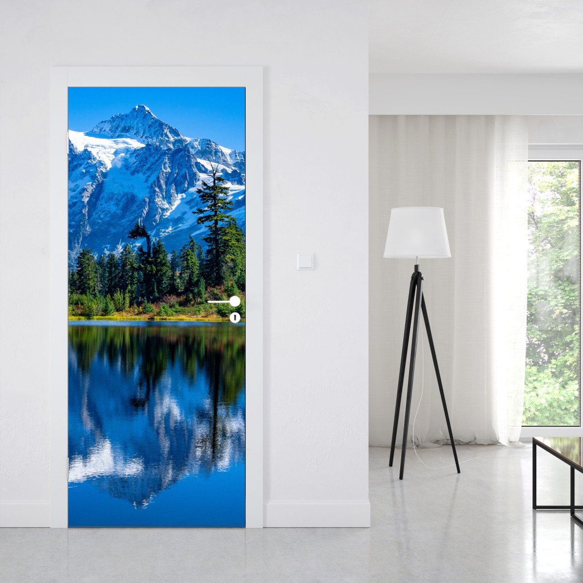 Naklejka na drzwi majestatyczne odbicie gór nad jeziorem – Wallissimo® Naklejka na drzwi majestatyczne odbicie gór nad jeziorem – Wallissimo®