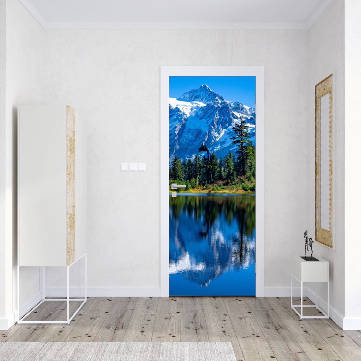 Naklejka na drzwi majestatyczne odbicie gór nad jeziorem – Wallissimo® Naklejka na drzwi majestatyczne odbicie gór nad jeziorem – Wallissimo®