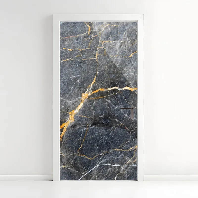 Naklejka na drzwi ciemnoszary marmur ze złotymi żyłami