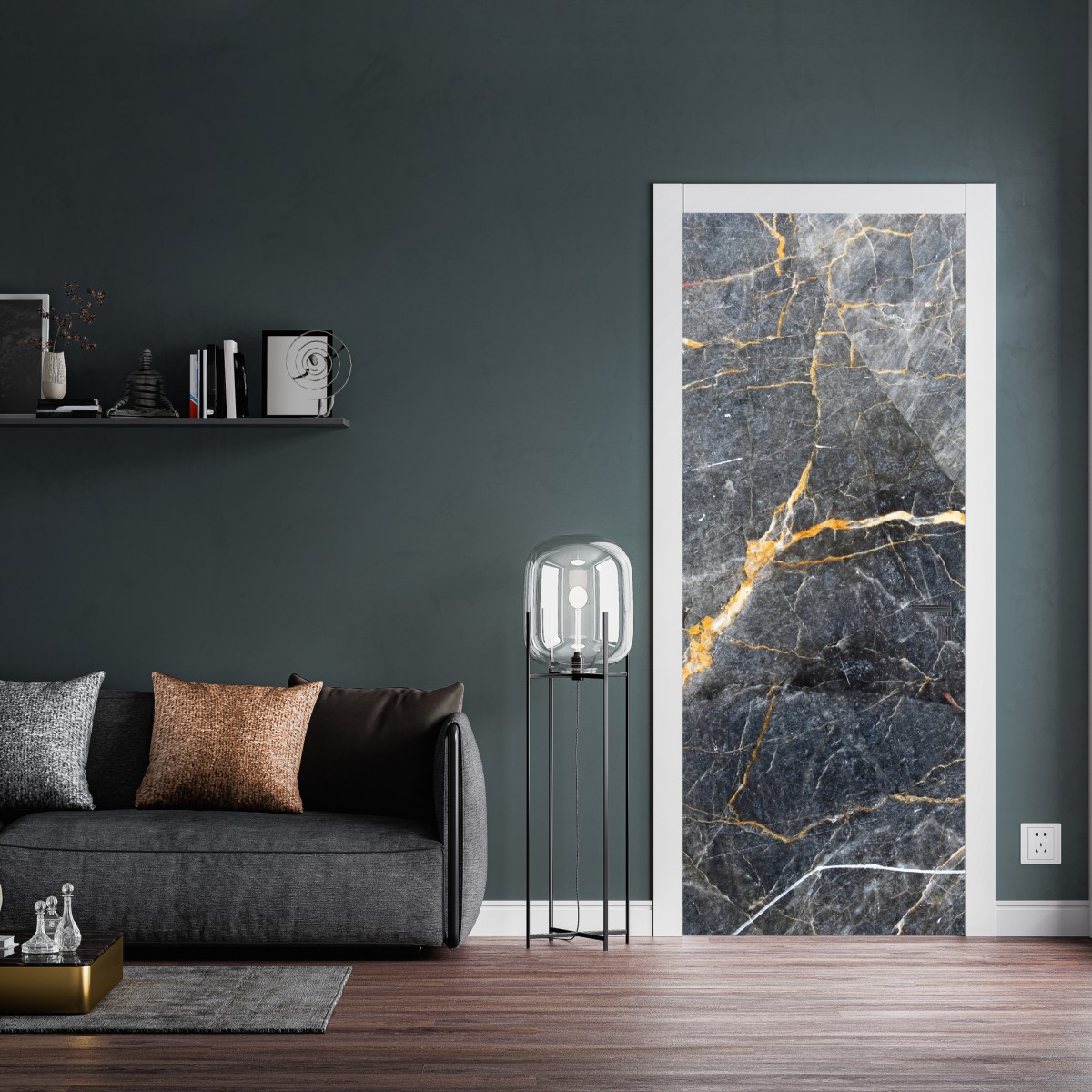 Naklejka na drzwi ciemnoszary marmur ze złotymi żyłami – Wallissimo® Naklejka na drzwi ciemnoszary marmur ze złotymi żyłami – Wallissimo®