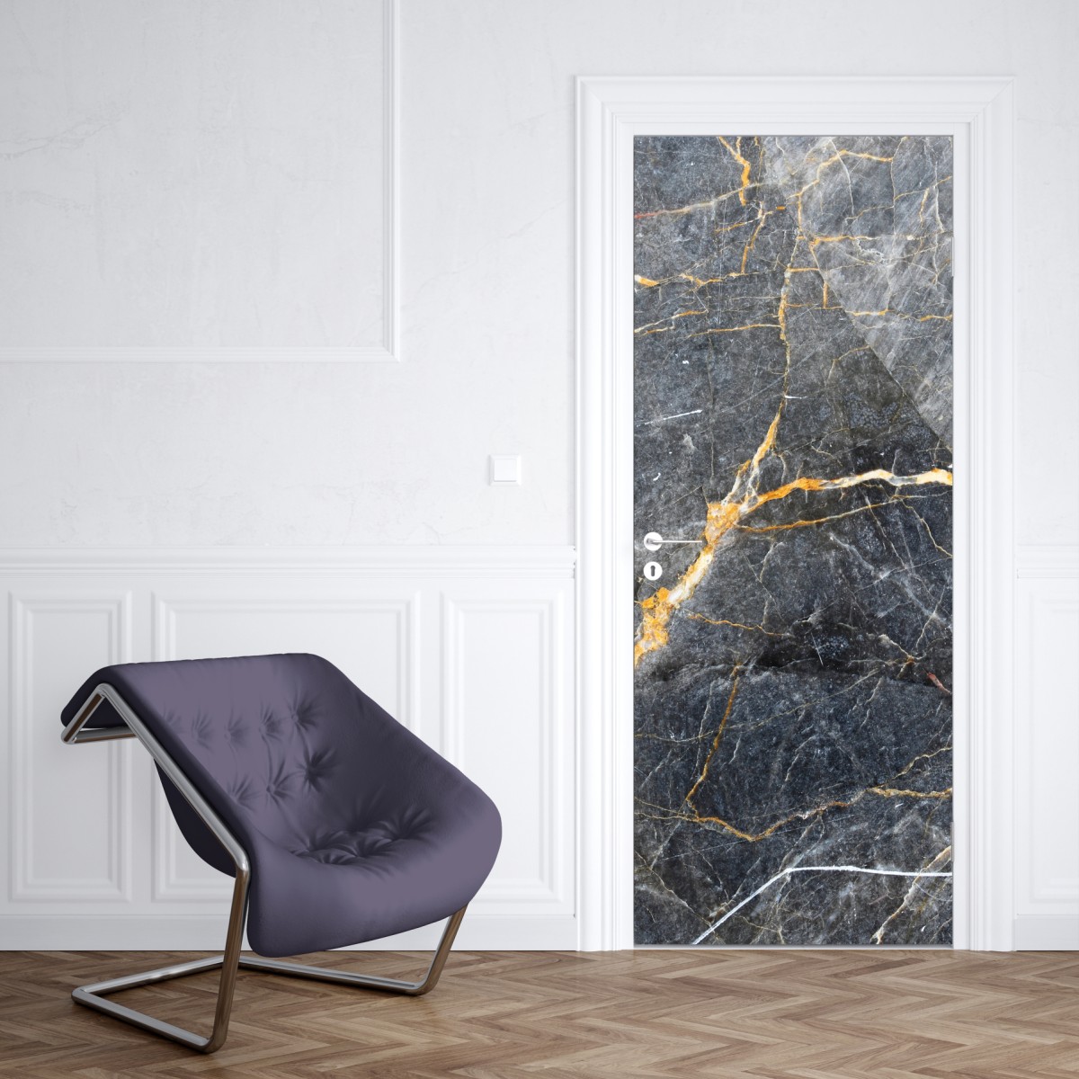 Naklejka na drzwi ciemnoszary marmur ze złotymi żyłami – Wallissimo® Naklejka na drzwi ciemnoszary marmur ze złotymi żyłami – Wallissimo®