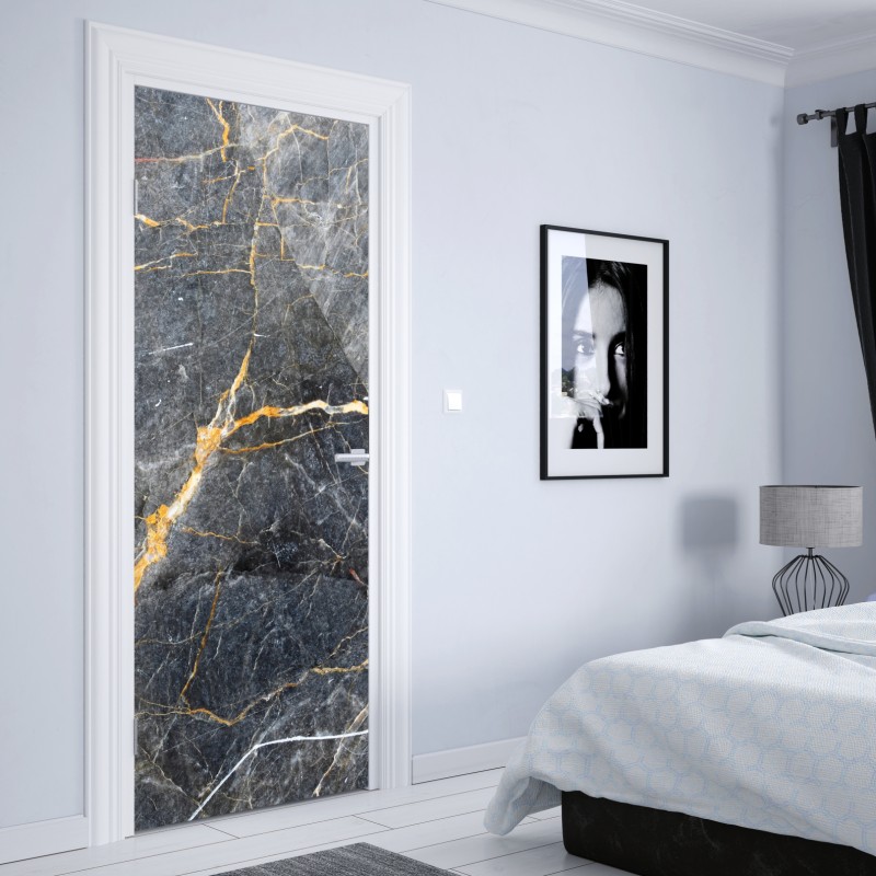 Naklejka na drzwi ciemnoszary marmur ze złotymi żyłami – Wallissimo® Naklejka na drzwi ciemnoszary marmur ze złotymi żyłami – Wallissimo®