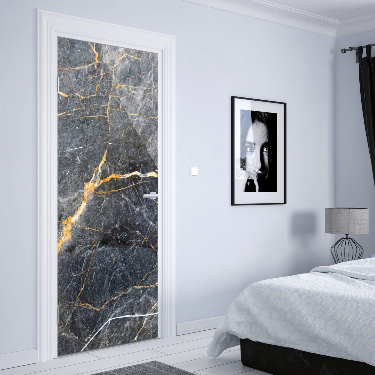 Naklejka na drzwi ciemnoszary marmur ze złotymi żyłami – Wallissimo® Naklejka na drzwi ciemnoszary marmur ze złotymi żyłami – Wallissimo®